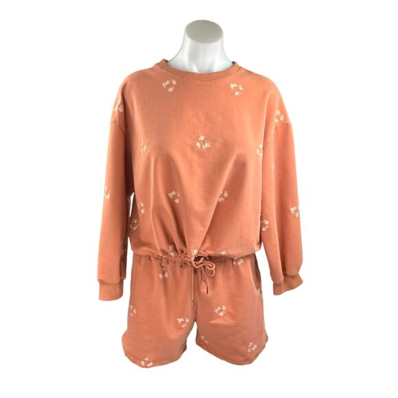 Salitaire Womens Orange Floral Embroidered Long Sleeve Sweatshirt & Shorts Set L - Picture 1 of 5